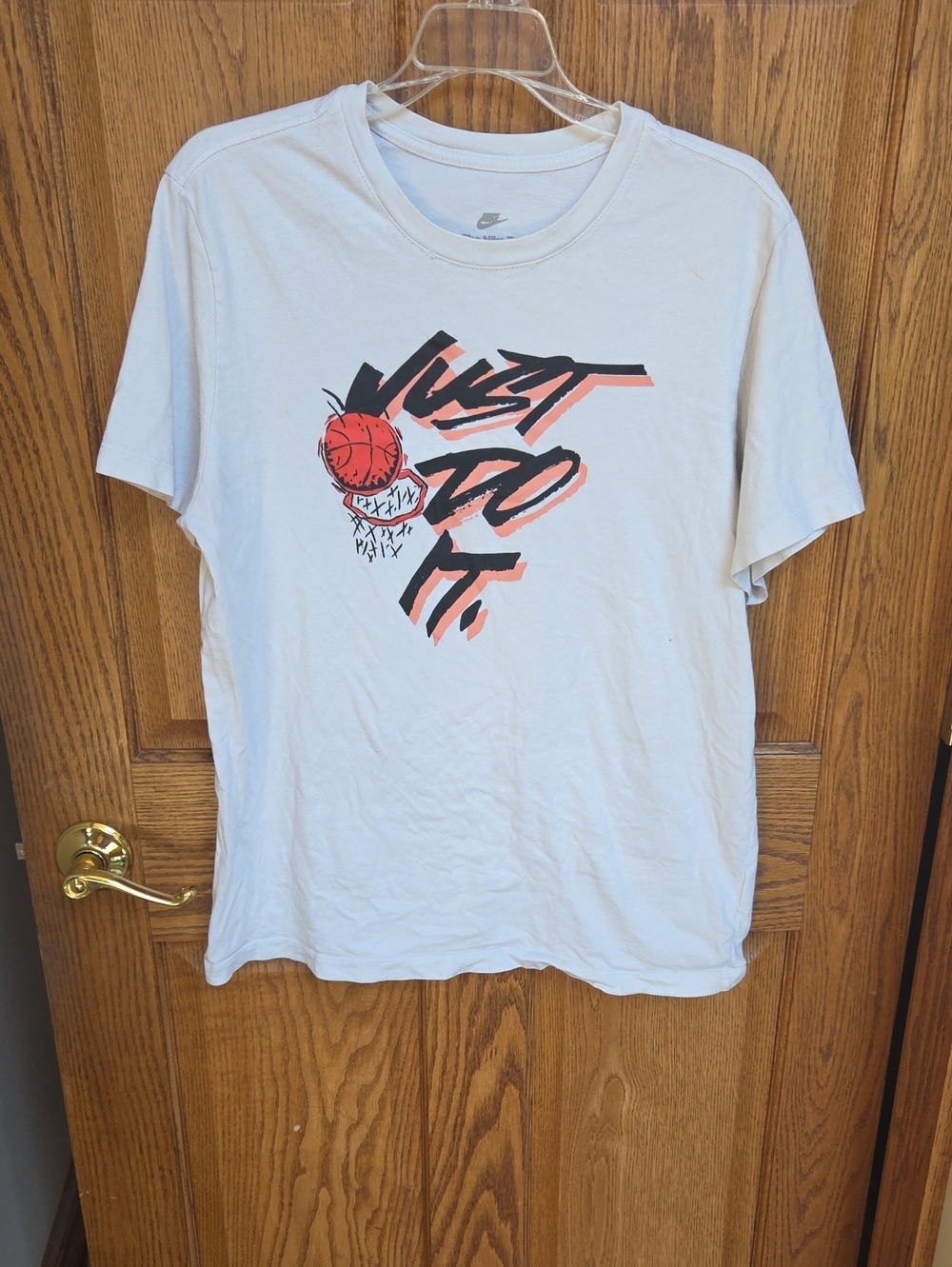 Nike White Short Sleeve 'Just Do It' Basketball Graphic Tee with Red Accent